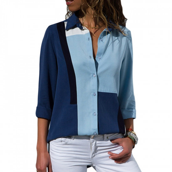 2018 New Autumn Women Blouses Office Patchwork Long Sleeve Tops Loose Turn Down Collar Casual Ladies Blouses Blusa Camisas Mujer