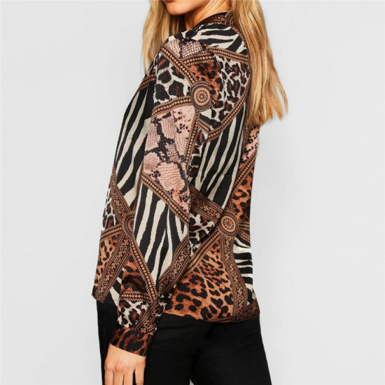 2019 Chiffon Womens Tops And Blouses Vintage Long Sleeve Turn-Down Shirts Fashion Animal Print Patchwork Blouse Ladies Blusas
