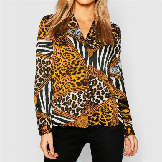 2019 Chiffon Womens Tops And Blouses Vintage Long Sleeve Turn-Down Shirts Fashion Animal Print Patchwork Blouse Ladies Blusas