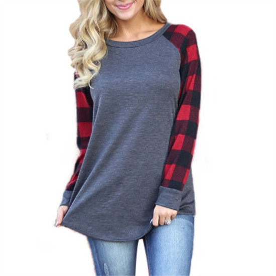 2019 Women Blouse Casual Plaid Patchwork Shirt Spring Long Sleeve O-Neck Loose Basic Blouses Vogue Female Tunic Plus Size S-5XL