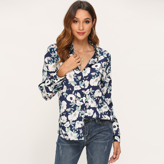 Elegant Ladies Turn Down Collar Floral Print Blouse Women Long Sleeve Shirt Vintage feminina Office Tops Loose Tunic Blouses