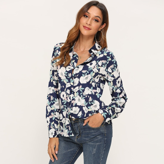 Elegant Ladies Turn Down Collar Floral Print Blouse Women Long Sleeve Shirt Vintage feminina Office Tops Loose Tunic Blouses