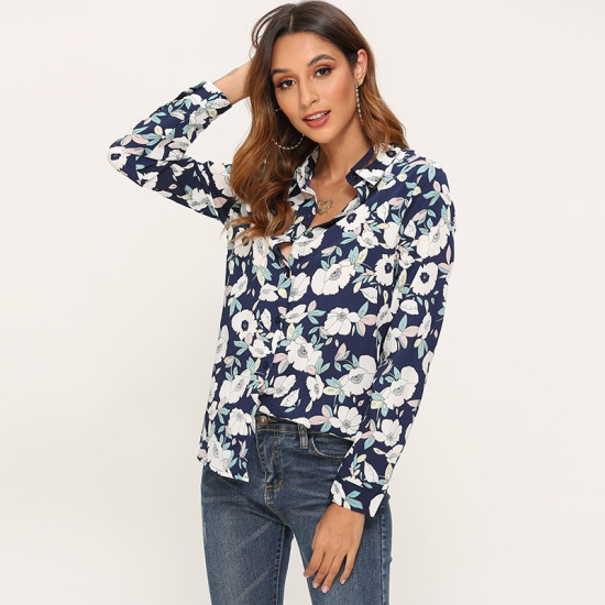 Elegant Ladies Turn Down Collar Floral Print Blouse Women Long Sleeve Shirt Vintage feminina Office Tops Loose Tunic Blouses