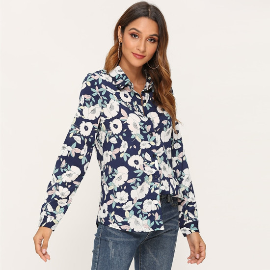 Elegant Ladies Turn Down Collar Floral Print Blouse Women Long Sleeve Shirt Vintage feminina Office Tops Loose Tunic Blouses