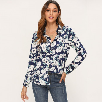Elegant Ladies Turn Down Collar Floral Print Blouse Women Long Sleeve Shirt Vintage feminina Office Tops Loose Tunic Blouses
