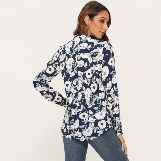 Elegant Ladies Turn Down Collar Floral Print Blouse Women Long Sleeve Shirt Vintage feminina Office Tops Loose Tunic Blouses