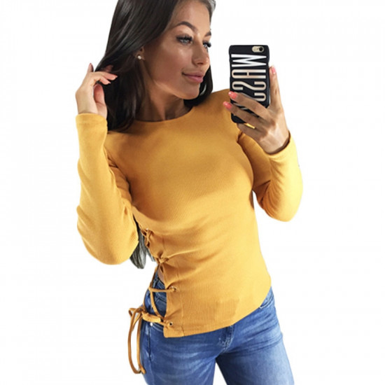 Knitted Blouse Women 2019 Spring Long Sleeve Lace Up Shirt Tops Solid Casual O Neck Blouses