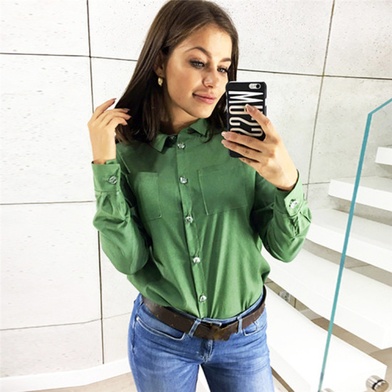 New Arrival 2018 Blouse Shirt Women Office Solid Long Sleeve Shirt Casual Pockets Turn Down Collar Ladies Tops Camisa Feminina