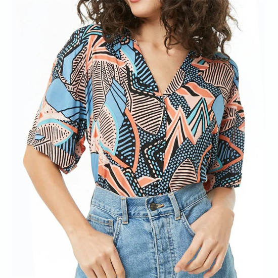 New Arrival 2019 Blouse Women Summer Geometric Batwing Short Sleeve Casual Shirt Turn Down Collar Plus Size Tops Camisas Mujer