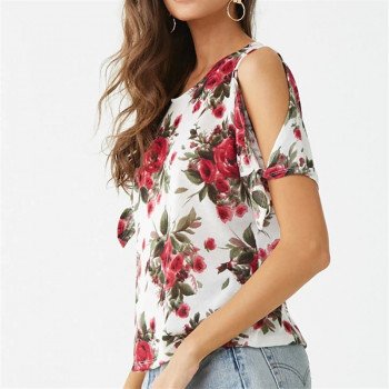 Off Shoulder Top 2019 Summer Women Short Sleeve Floral Print Blouse Casual Loose O Neck Cold Shoulder Ladies Shirt Blusas