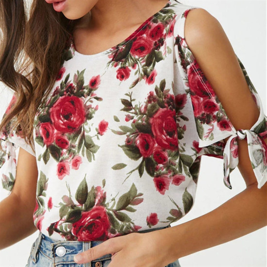 Off Shoulder Top 2019 Summer Women Short Sleeve Floral Print Blouse Casual Loose O Neck Cold Shoulder Ladies Shirt Blusas