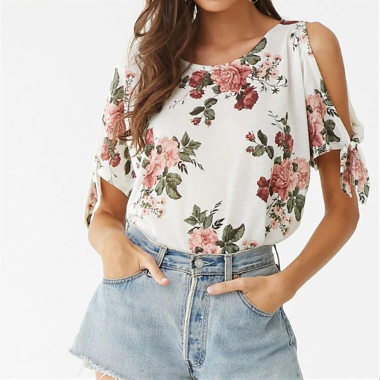Off Shoulder Top 2019 Summer Women Short Sleeve Floral Print Blouse Casual Loose O Neck Cold Shoulder Ladies Shirt Blusas