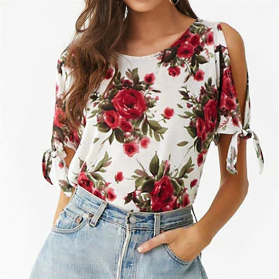 Off Shoulder Top 2019 Summer Women Short Sleeve Floral Print Blouse Casual Loose O Neck Cold Shoulder Ladies Shirt Blusas