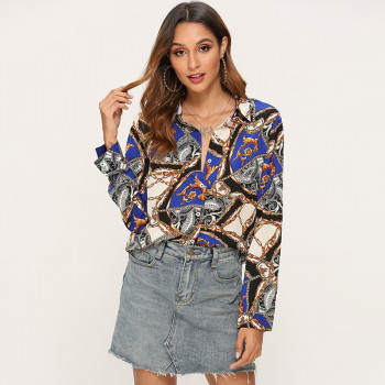Patchworks Chain Print Blouse Long Sleeve Blouse Women Fashion Shirts Ladies Tops Turn-down Collar Office Clothes Blusa Feminina