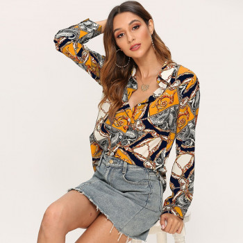 Patchworks Chain Print Blouse Long Sleeve Blouse Women Fashion Shirts Ladies Tops Turn-down Collar Office Clothes Blusa Feminina