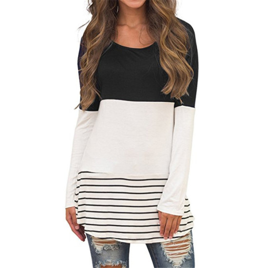 Shirt Women 2019 Patchwork Back Lace Blouse Long Sleeve Female Top Casual Striped Loose Hollow Out Blouse Shirts O-neck Blusas