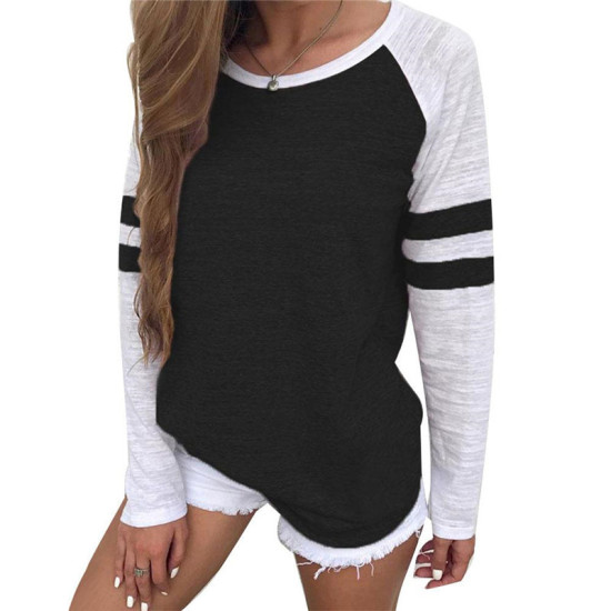 Stripe Patchwork Women Blouse 2019 Casual Cotton Loose Shirt Fashion Long Sleeve Basic Tees Pullover Plus Size Baseball Top 5XL