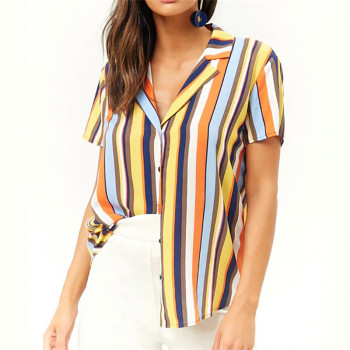 Striped Blouse 2019 Women Short Sleeve Summer Chiffon Shirt Casual V- neck Ladies Office Blouse Plus Size Top Casual Loose Shirt