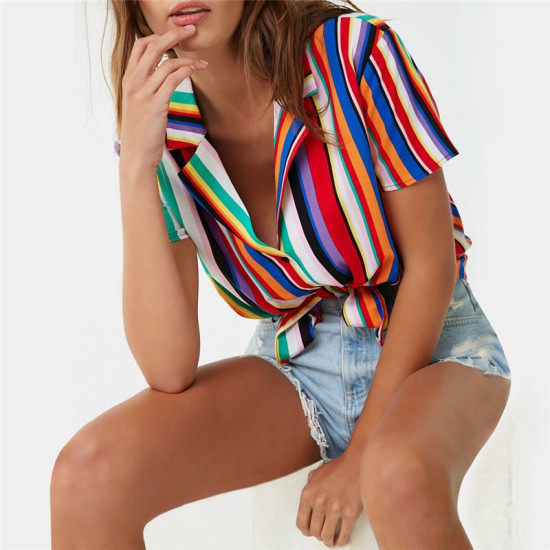 Striped Blouse 2019 Women Short Sleeve Summer Chiffon Shirt Casual V- neck Ladies Office Blouse Plus Size Top Casual Loose Shirt