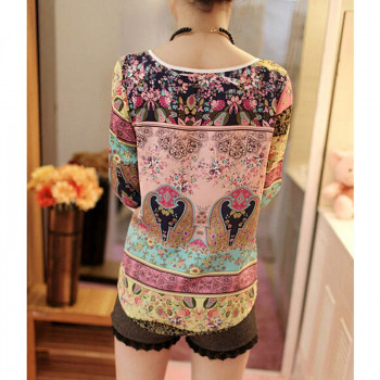 Summer Chiffon Blouse 2019 Fashion Aztec Stripe Women Blouses Lace Tops Floral Print O-neck Casual Shirt Blusas Camisas Mujer