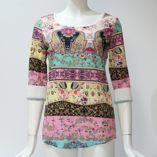 Summer Chiffon Blouse 2019 Fashion Aztec Stripe Women Blouses Lace Tops Floral Print O-neck Casual Shirt Blusas Camisas Mujer