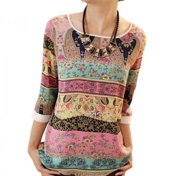 Summer Chiffon Blouse 2019 Fashion Aztec Stripe Women Blouses Lace Tops Floral Print O-neck Casual Shirt Blusas Camisas Mujer