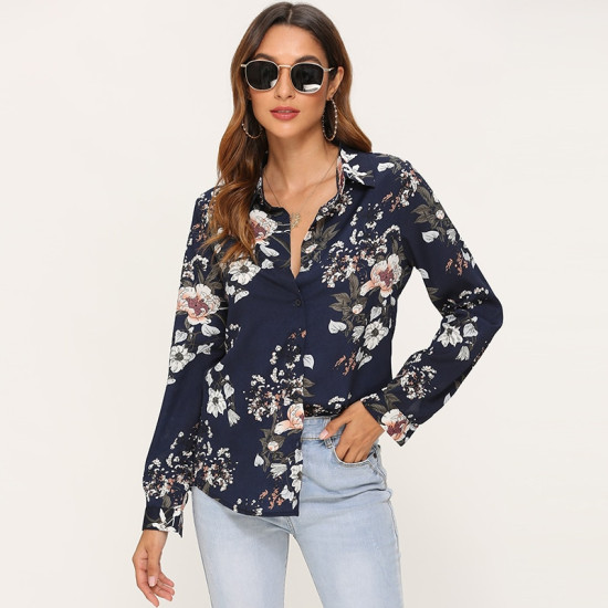 Vintage Long Sleeve Floral Print Women Blouse Elegant Turn-Down Collar Female Office Blouses Loose Shirts Tops Work Wear Tops