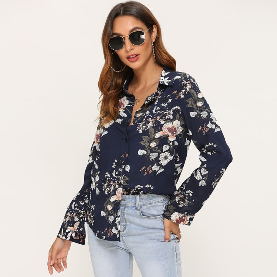 Vintage Long Sleeve Floral Print Women Blouse Elegant Turn-Down Collar Female Office Blouses Loose Shirts Tops Work Wear Tops