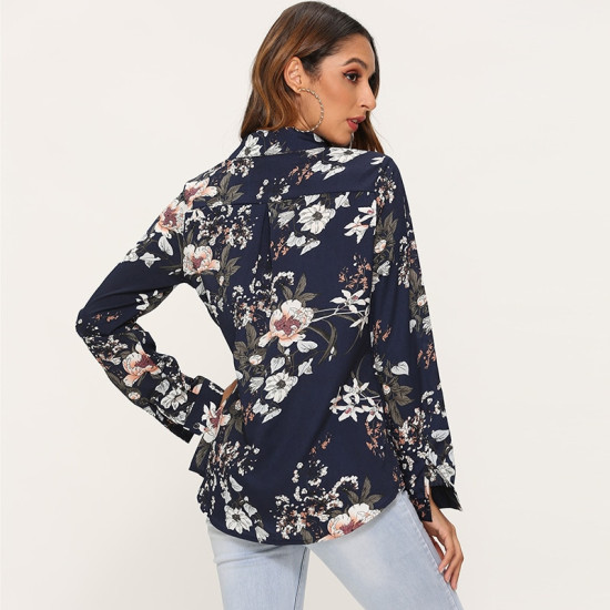 Vintage Long Sleeve Floral Print Women Blouse Elegant Turn-Down Collar Female Office Blouses Loose Shirts Tops Work Wear Tops