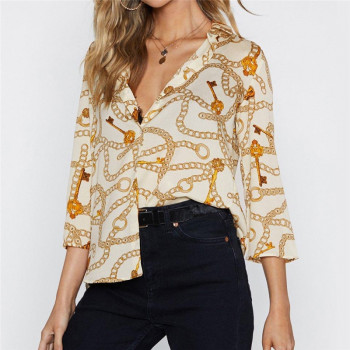 Women Blouses 2019 Summer Chain Print Chiffon Blouse Women Turn Down Collar Office Shirt Casual Loose Ladies Tops Blusas Mujer