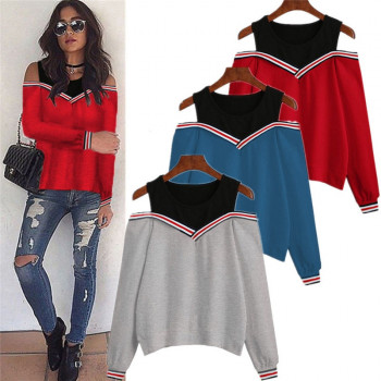 Women Blouses Long Sleeve 2019 Sexy Off Shoulder Splice Ladies Tops Casual Fake Two Pieces Blouse Hollow Out O-Neck Femme Shirt