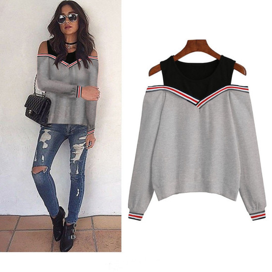 Women Blouses Long Sleeve 2019 Sexy Off Shoulder Splice Ladies Tops Casual Fake Two Pieces Blouse Hollow Out O-Neck Femme Shirt