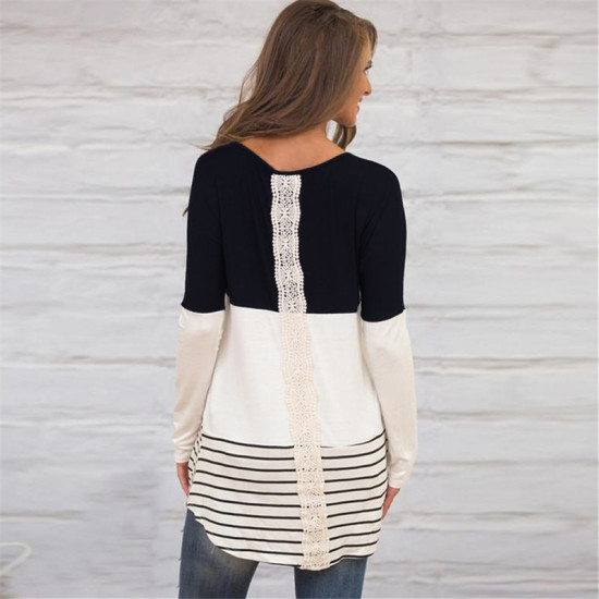 Womens Tops 2019 Long Sleeve Female Shirt Patchwork Back Lace Blouse Casual Striped Loose Hollow Out Blouse Shirts O-neck Camisa