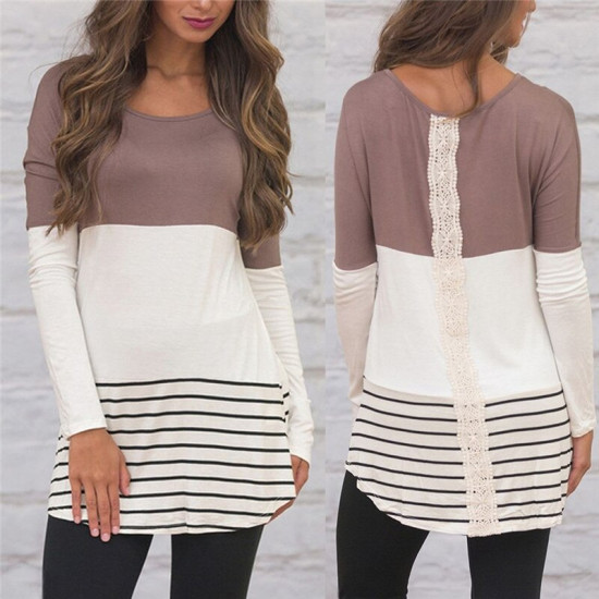 Womens Tops And Blouses 2018 Casual Back Lace Blouse Patchwork Long Sleeve Blouse Shirt Loose O Neck Ladies Tops Camisa Feminina