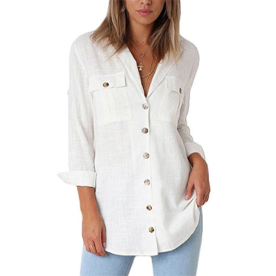 Womens Tops and Blouses 2019 Spring Long Sleeve Turn Down Collar Shirt Vintage Button Blouse Solid Ladies Tops Blusas Mujer XXL