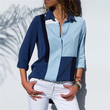 2018 New Autumn Women Blouses Office Patchwork Long Sleeve Tops Loose Turn Down Collar Casual Ladies Blouses Blusa Camisas Mujer