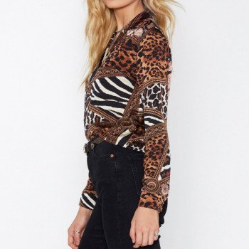 2019 Chiffon Womens Tops And Blouses Vintage Long Sleeve Turn-Down Shirts Fashion Animal Print Patchwork Blouse Ladies Blusas