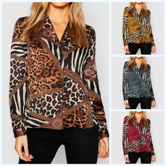 2019 Chiffon Womens Tops And Blouses Vintage Long Sleeve Turn-Down Shirts Fashion Animal Print Patchwork Blouse Ladies Blusas