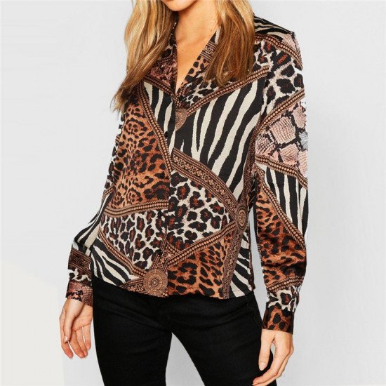 2019 Chiffon Womens Tops And Blouses Vintage Long Sleeve Turn-Down Shirts Fashion Animal Print Patchwork Blouse Ladies Blusas
