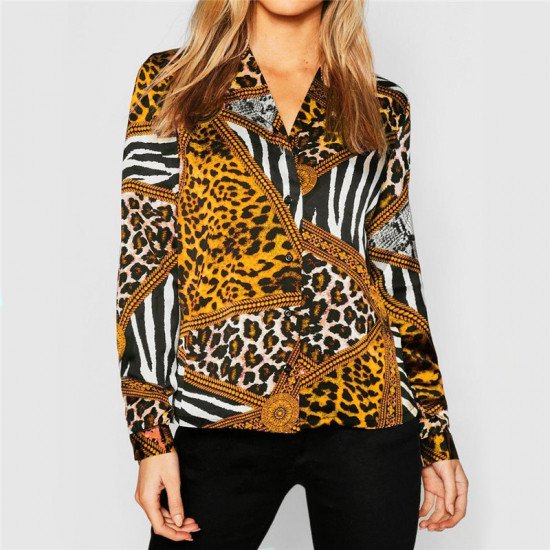 2019 Chiffon Womens Tops And Blouses Vintage Long Sleeve Turn-Down Shirts Fashion Animal Print Patchwork Blouse Ladies Blusas