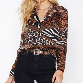 2019 Chiffon Womens Tops And Blouses Vintage Long Sleeve Turn-Down Shirts Fashion Animal Print Patchwork Blouse Ladies Blusas