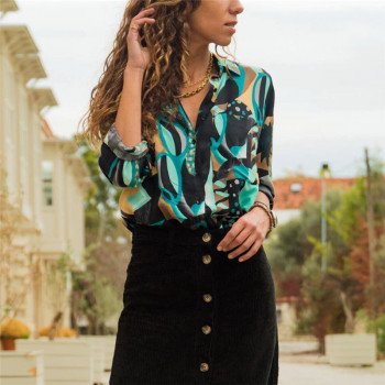 2019 Spring Summer Chiffon Blouse Women Casual Long Sleeve Turn Down Collar Shirt Vintage Print Geometric Ladies Tops Blusas 3XL