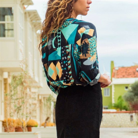 2019 Spring Summer Chiffon Blouse Women Casual Long Sleeve Turn Down Collar Shirt Vintage Print Geometric Ladies Tops Blusas 3XL