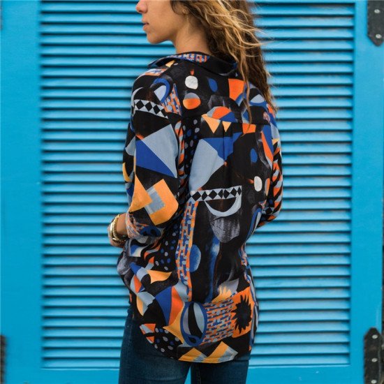 2019 Spring Summer Chiffon Blouse Women Casual Long Sleeve Turn Down Collar Shirt Vintage Print Geometric Ladies Tops Blusas 3XL