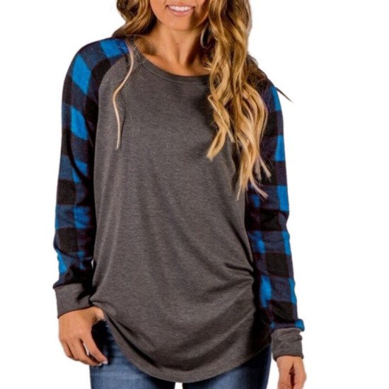 2019 Women Blouse Casual Plaid Patchwork Shirt Spring Long Sleeve O-Neck Loose Basic Blouses Vogue Female Tunic Plus Size S-5XL