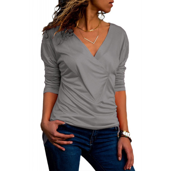 Blouse Women Cotton Top 2019 Casual Long Sleeve Shirt Fashion V Neck Solid Blouse Elegant Office Tops Tee Female Plus Size Shirt
