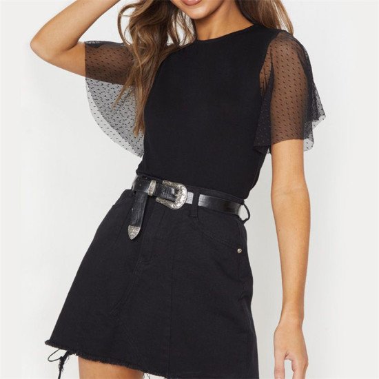 Casual Short Sleeve Womens Tops And Blouses 2019 Sexy Lace Patchwork Solid Ladies Shirts Slim Streetwear O-Neck Tunic Tee Blusas