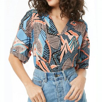 New Arrival 2019 Blouse Women Summer Geometric Batwing Short Sleeve Casual Shirt Turn Down Collar Plus Size Tops Camisas Mujer