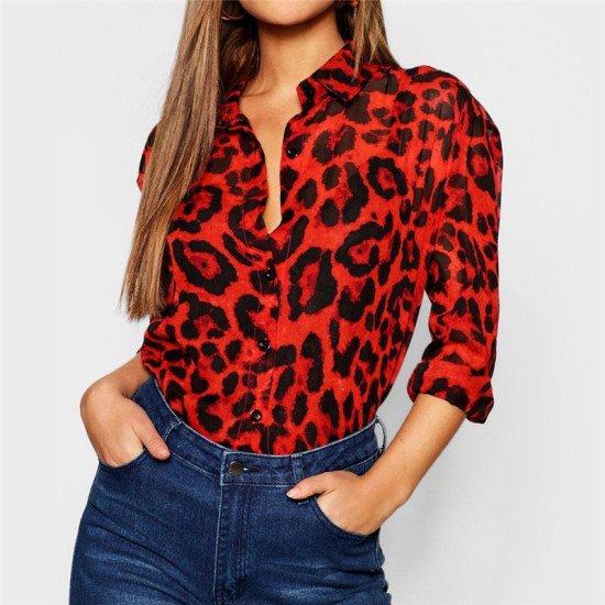 New Arrival Womens Tops And Blouses Leopard Long Sleeve Office Ladies Tops Turn Down Collar Streetwear Shirt Chemisier Femme 3XL