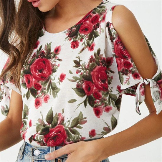 Off Shoulder Top 2019 Summer Women Short Sleeve Floral Print Blouse Casual Loose O Neck Cold Shoulder Ladies Shirt Blusas